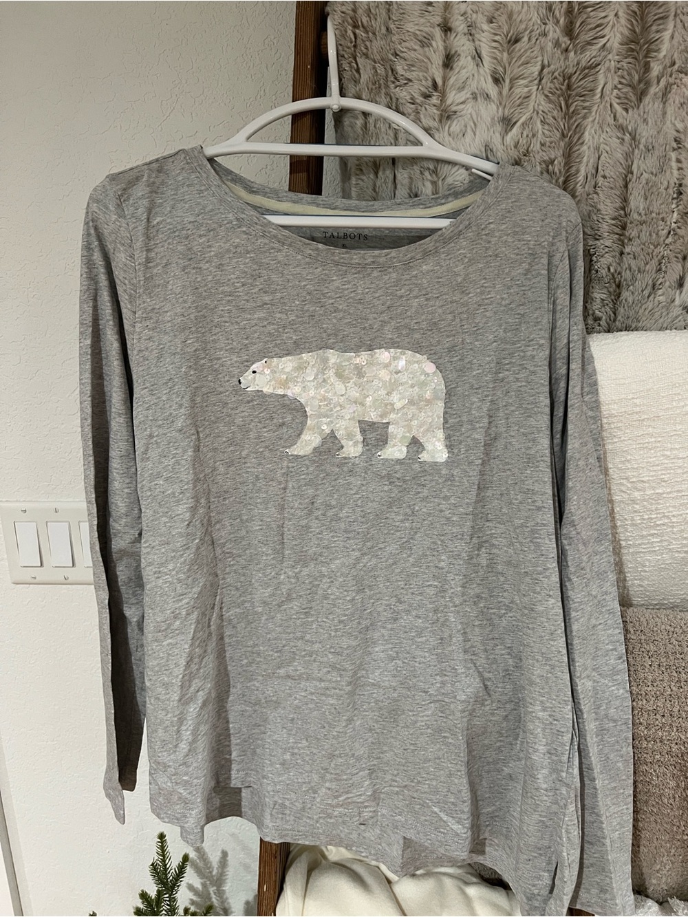 Talbots Gray Sequin Polar Bear Long-Sleeve Tee